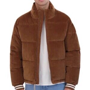 Hudson Men's Corduroy Varsity Puffer Jacket Brown Full Zip Stand Collar Size L